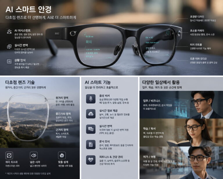 인공지능 기반 분석 엔진이 탑재된 ai 스마트 안경의 주요 기능 사양 안내 인포그래픽 이미지