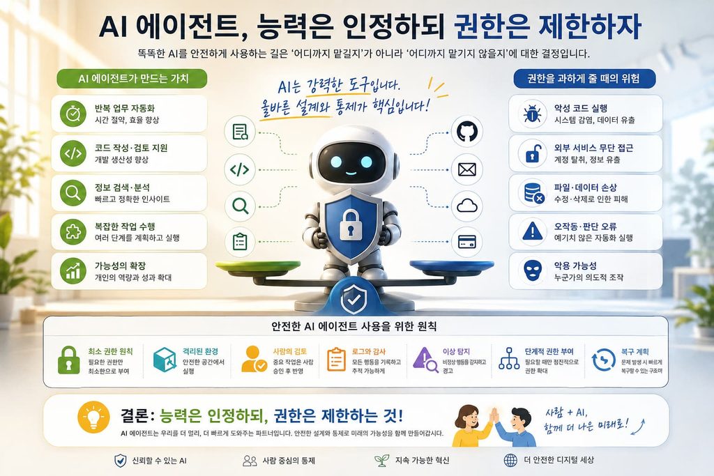 ai-agent-permission-control-safety AI 에이전트의 능력은 활용하되 접근 권한을 제한하고 사람의 검토와 안전장치를 적용해야 한다는 결론을 표현한 이미지