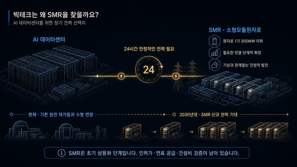 AI 데이터센터의 24시간 전력 수요와 기존 원전 재가동 및 SMR의 단계적 확장 구조