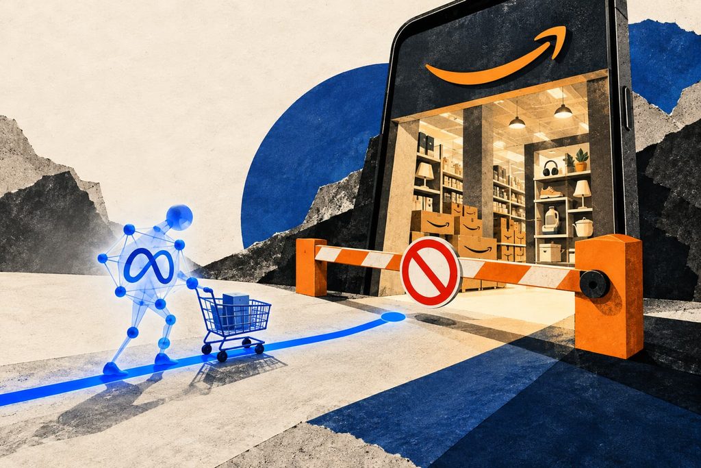 meta-muse-agent-ai-amazon-block 메타 뮤즈를 상징하는 파란 에이전트 AI가 쇼핑 카트를 밀고 아마존 매장으로 향하다 차단막 앞에 멈춘 모습을 표현한 콜라주 일러스트.